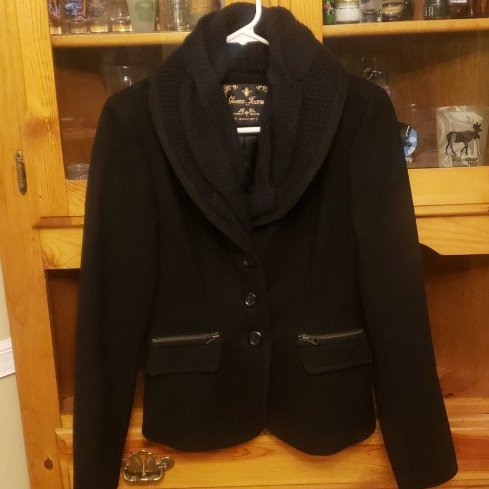 Guess Jeans wool pea coat w/ knitted collar